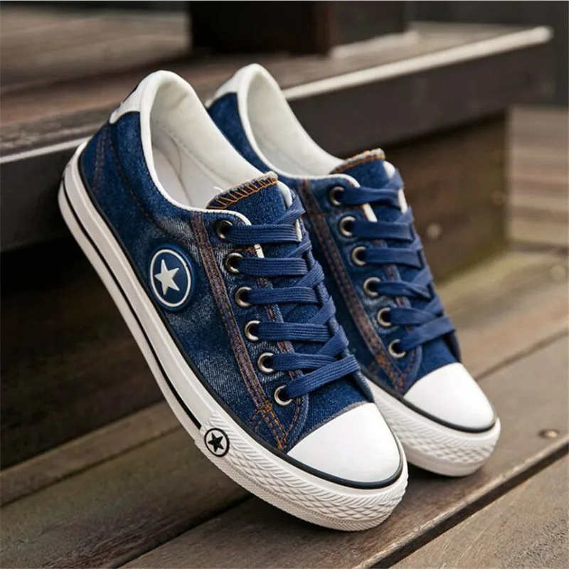 

AoXunLong Women Canvas Shoes Fashion Non-Slip Vulcanized Shoes Women Breathable Flat Shoes Woman Blue Sneakers EU Size 35-40 Hot