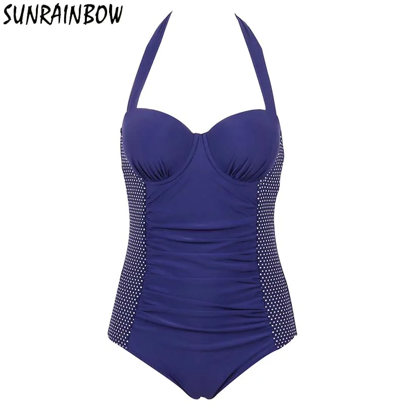 

SUNRAINBOW 2018 One Piece Swimsuit Plus Size Swimwear Women Push UpPatchwork Beach Wear Retro Swimsuit Large Size Bathing Suit