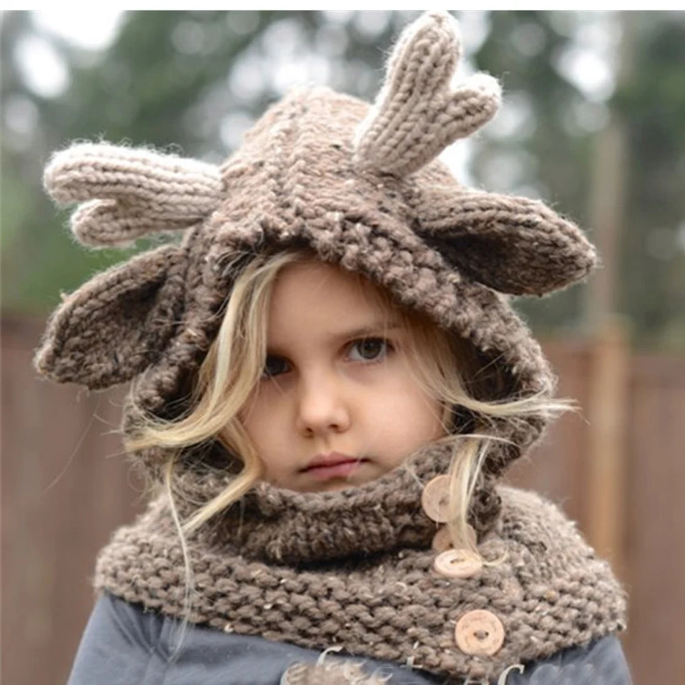 Варежки для девочек, шапка, шарф, перчатки, набор, зимние теплые детские шапки, оленьи рога, шапка, закрывающая уши, вязаный свитер, вязаная шапочка, с изображением оленя