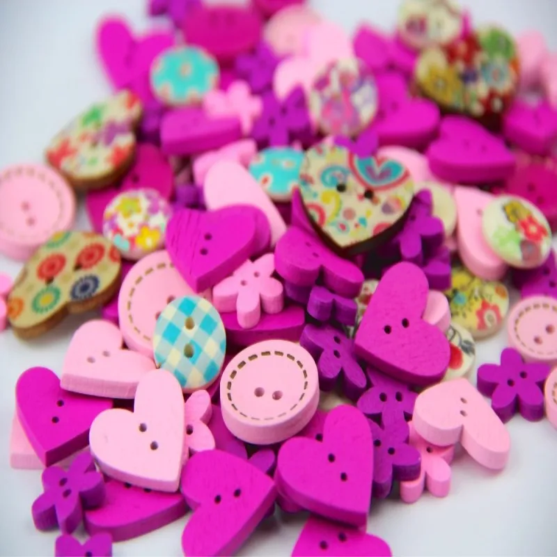 

100pcs DIY 15mm Pink Purple Color Mix Shapes Wood Button Sewing Craft 2 Holes Wooden Buttons Clothes Scrapbooking Decor 40g