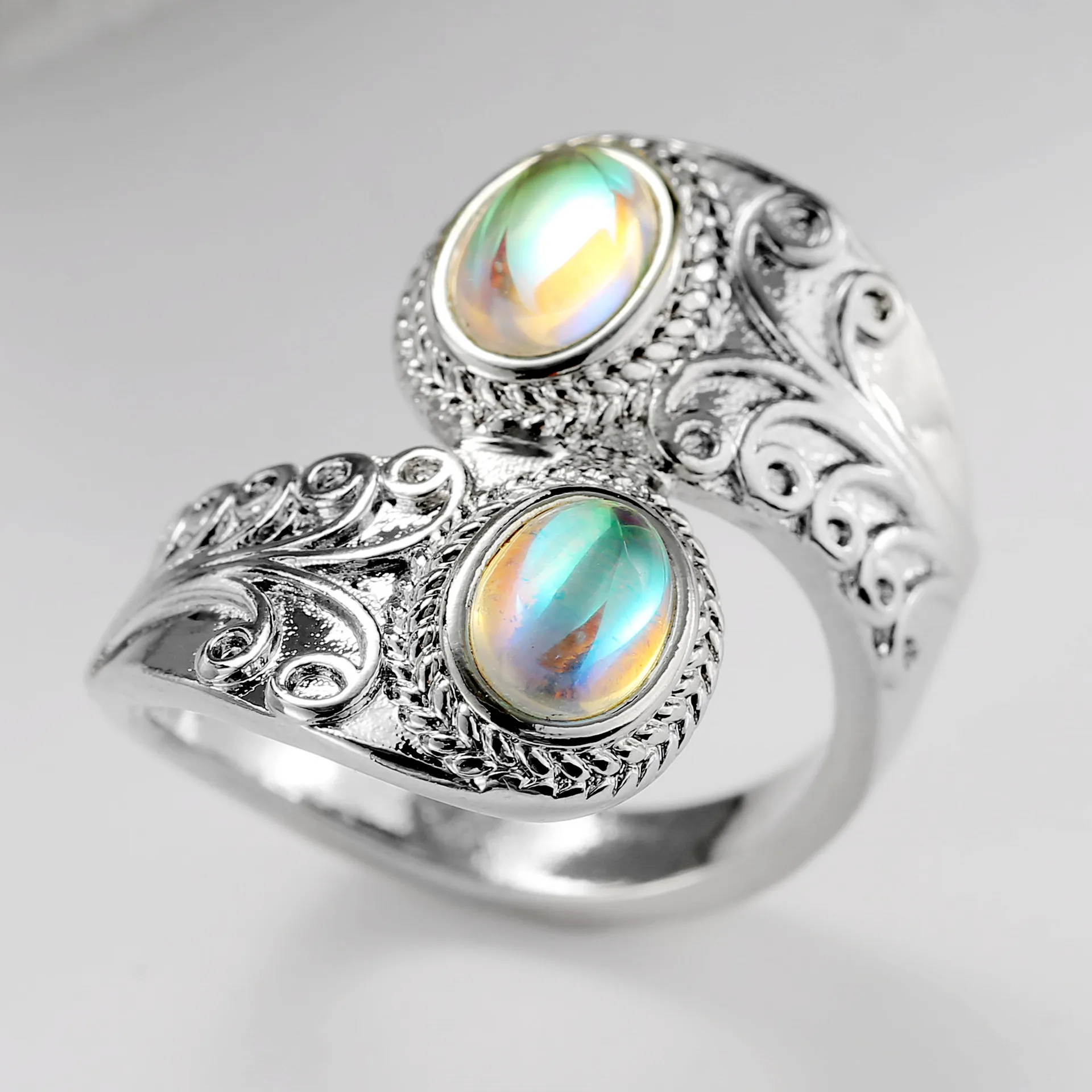 

New Retro Colored zircon Moonstone Ring Female Adjustable Exaggerated Carved Punk Style Rings for Women Girls Vintage Gifts