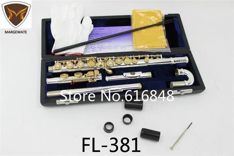 

MARGEWATE Flute FL-381 Silver Plated Body Gold Lacquer Double Heads Flutes 16/17 Holes Open C Key Flute with Case Free Shipping