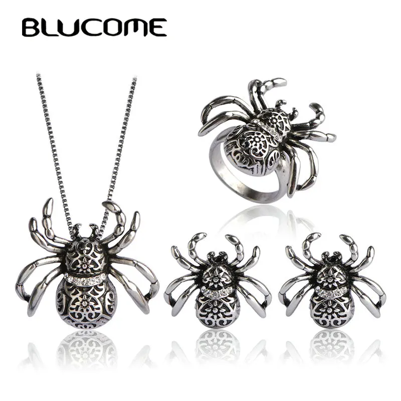 

Blucome Vintage Spider Shape Insect Pendant Necklace Earrings Ring Jewelry Sets For Lady Women Man Bijoux French Hooks Earrings