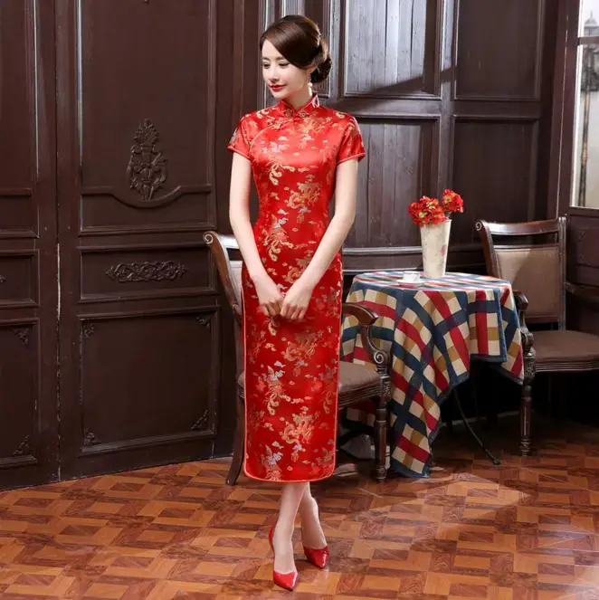 Classic Burgundy Chinese Women Long Cheongsam Traditional Satin Qipao Elegant Dress Size S M L XL XXL 3XL 4XL 5XL 6XL NC034