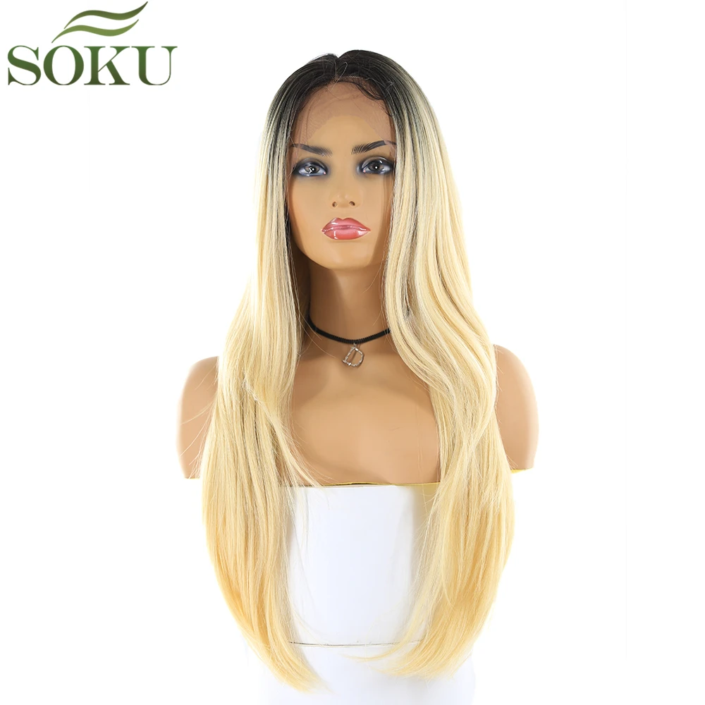 

Synthetic 13*4 Lace Front Wigs SOKU 26 Inch Straight 150% Density Dark Root 613 Color Wig High Temperature Fiber Wig For Women