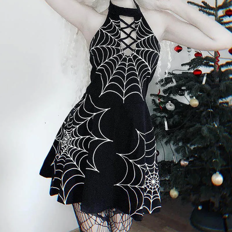 

Punk Goth Dark Aesthetic Grunge Gothic Print Dress Patchwork Hollow Out Sexy Fashion Crisscross Bandage Halter Dresses Backless