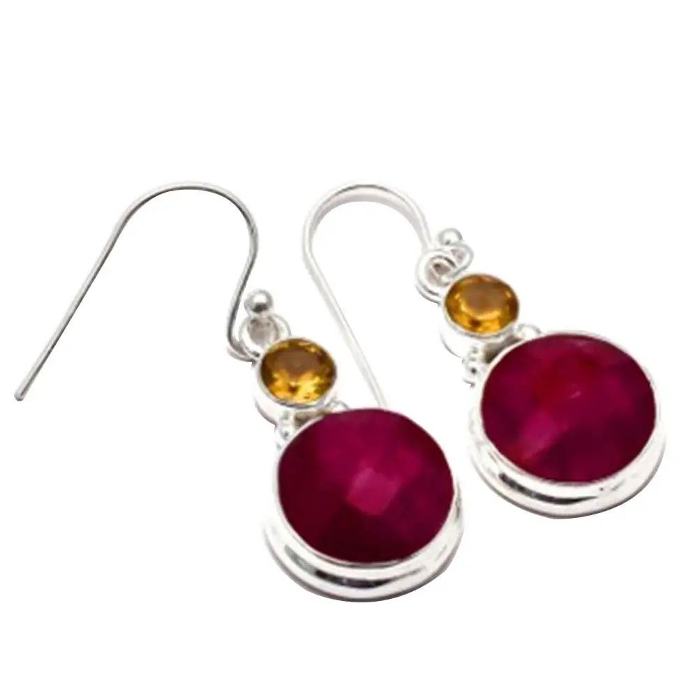 

NiaoZaiFei YunZaiKan Genuine Ruby + Citrine 925 Sterling Silver Earrings, 33 mm, 2SE0348