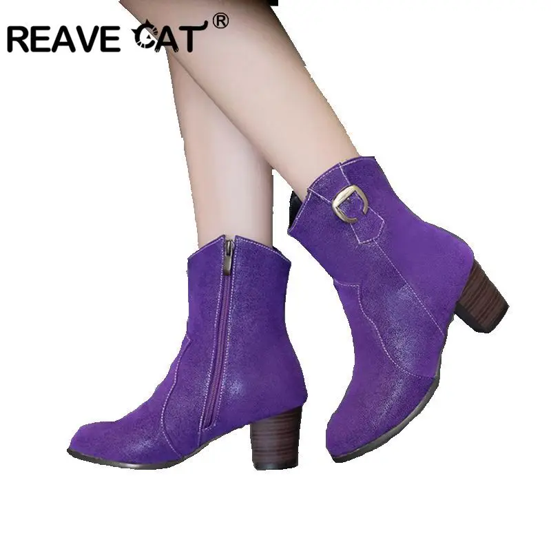 

REAVE CAT large size 34-48 Winter Chelsea boots for Woman 6cm block high heels ankle boots zipper warm female leather shoes