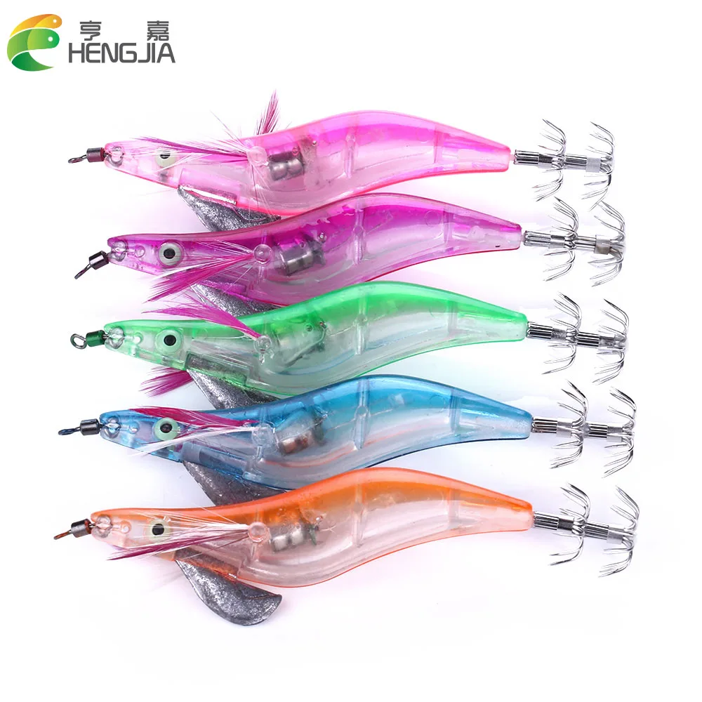 HENGJIA 8pcs 12.8CM 21G 3.5# shrimp plastic Fishing lures japan squid jigs led luminous fishing baits isca pesca tackles | Спорт и