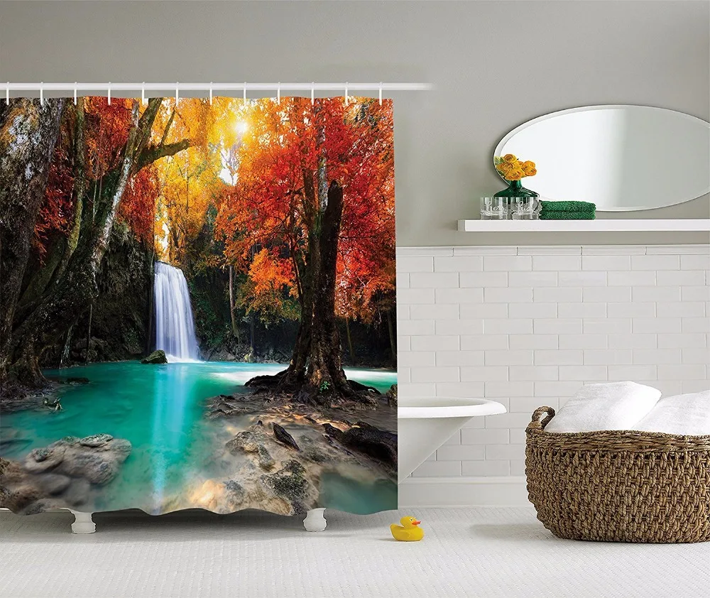 High Quality Arts Shower Curtains Deep Forest Waterfall Runoff Autumn