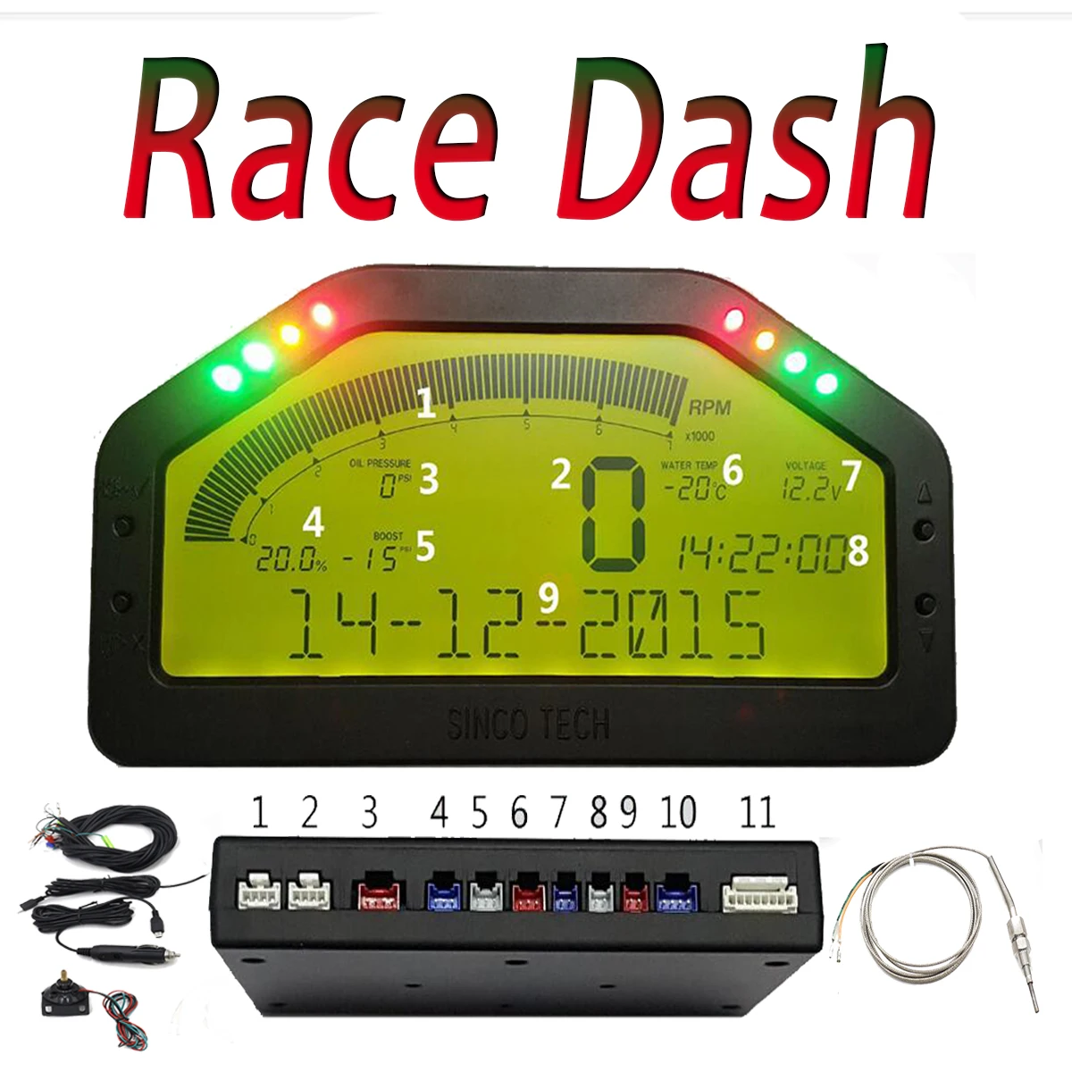 

Dash Race Display DO904 Full Sensor Kit Dashboard LCD Screen Rally Gauge With bluetooth Function Waterproof 9000rpm Rally Gauge