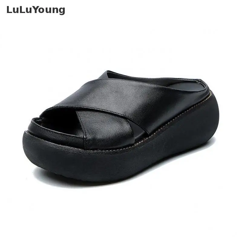 

Platform Summer Sandals For Women Wearing New Genuine Leather Sandals Women Open Toe Beach Shoes Green Red Yellow Black