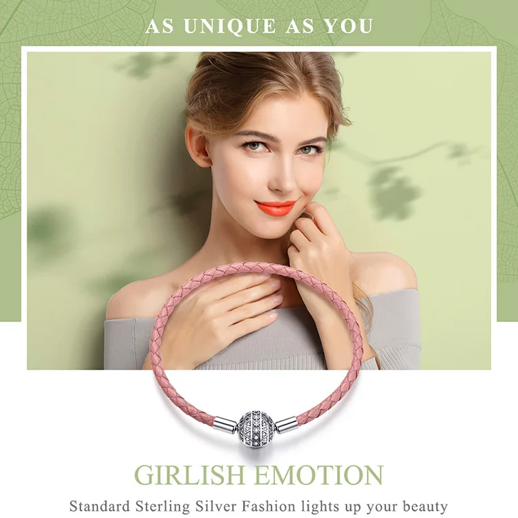 Leather Round Clasp Dazzling Clear CZ Leather Bracelet