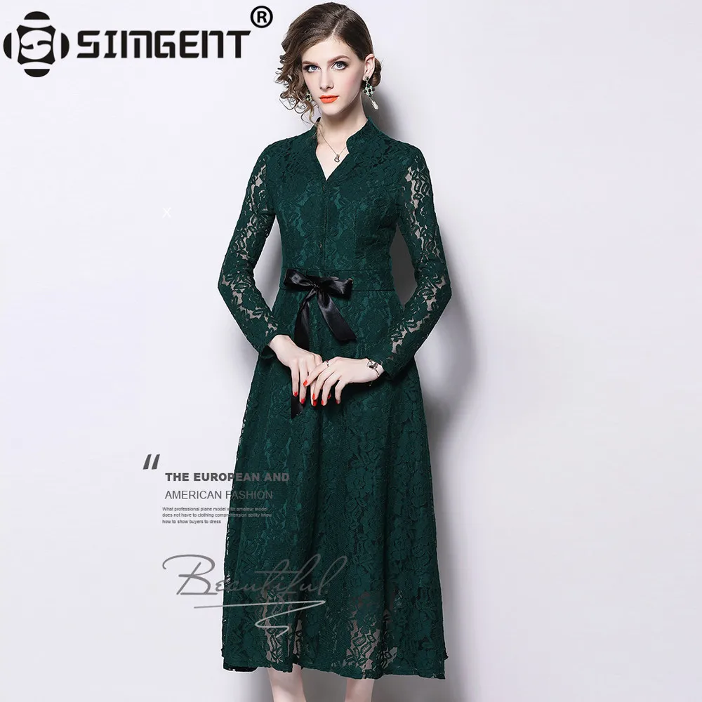 

Simgent New Autumn Womans Hollow Out Long Sleeve V-Neck Bow Midi Fit and Flare Lace Dress Woman Clothing Dames Kleding SG89193