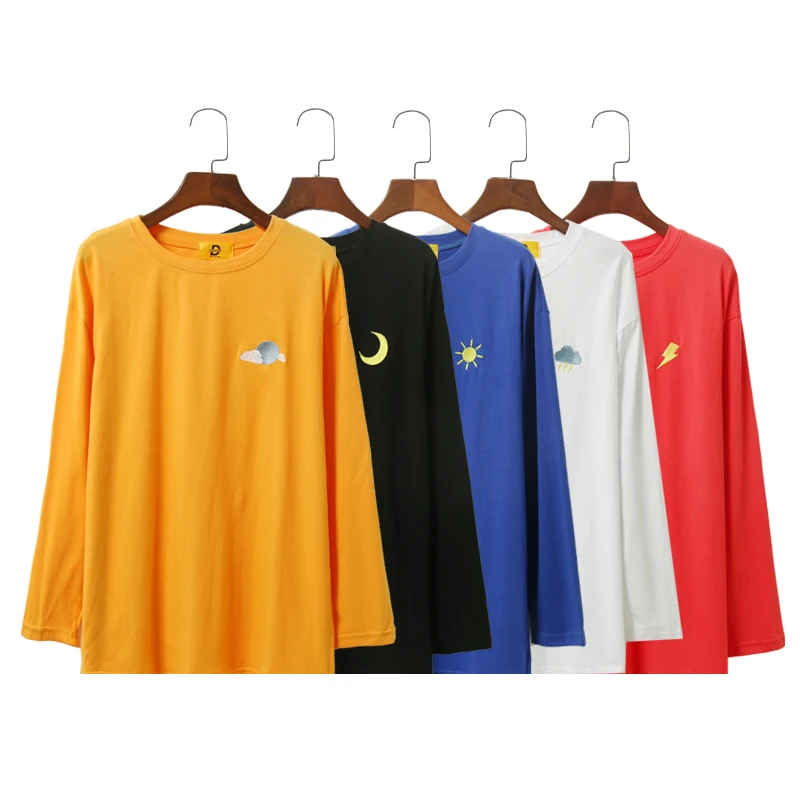 Корейский Kpop хлопковая футболка женская с длинным рукавом Ulzzang Harajuku вышивка футболка Топ унисекс облако Луна солнце Милая Эстетическая футболка