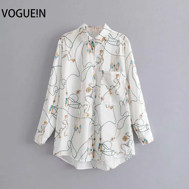

VOGUEIN New Womens Vintage White Rope Chains Print Long Sleeve Top Blouse Shirt Wholesale