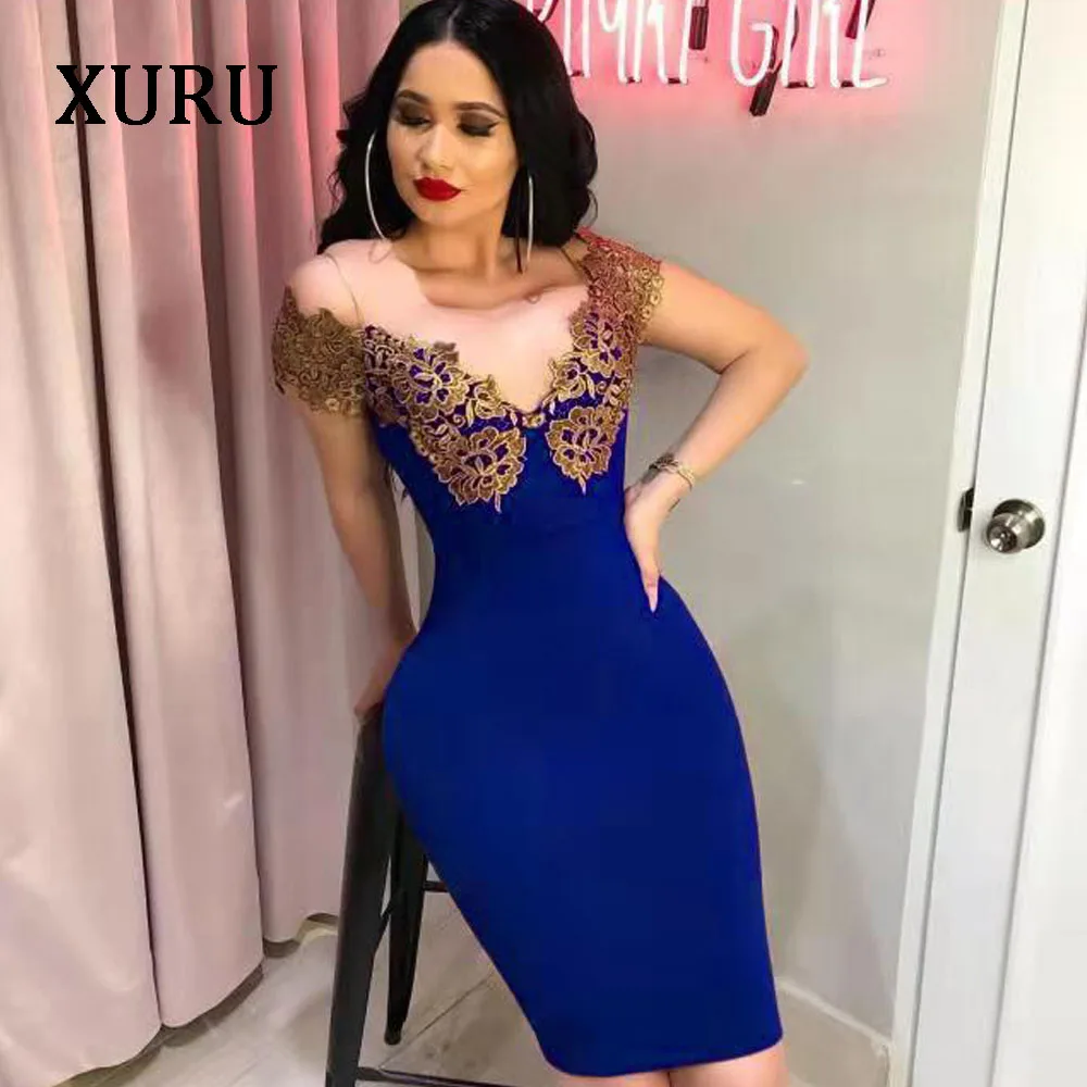 XURU, новинка, хит, женское платье, кружевное, горячее тиснение, платье для женщин, тонкий карандаш, сексуальное платье для вечеринки, красное, королевское, синее - Цвет: Синий