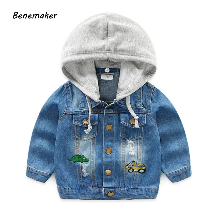 Benemaker/Коллекция года; джинсовые куртки для мальчиков; Осенняя детская ветровка; Верхняя одежда с капюшоном для маленьких детей; повседневные джинсовые пальто; JH054