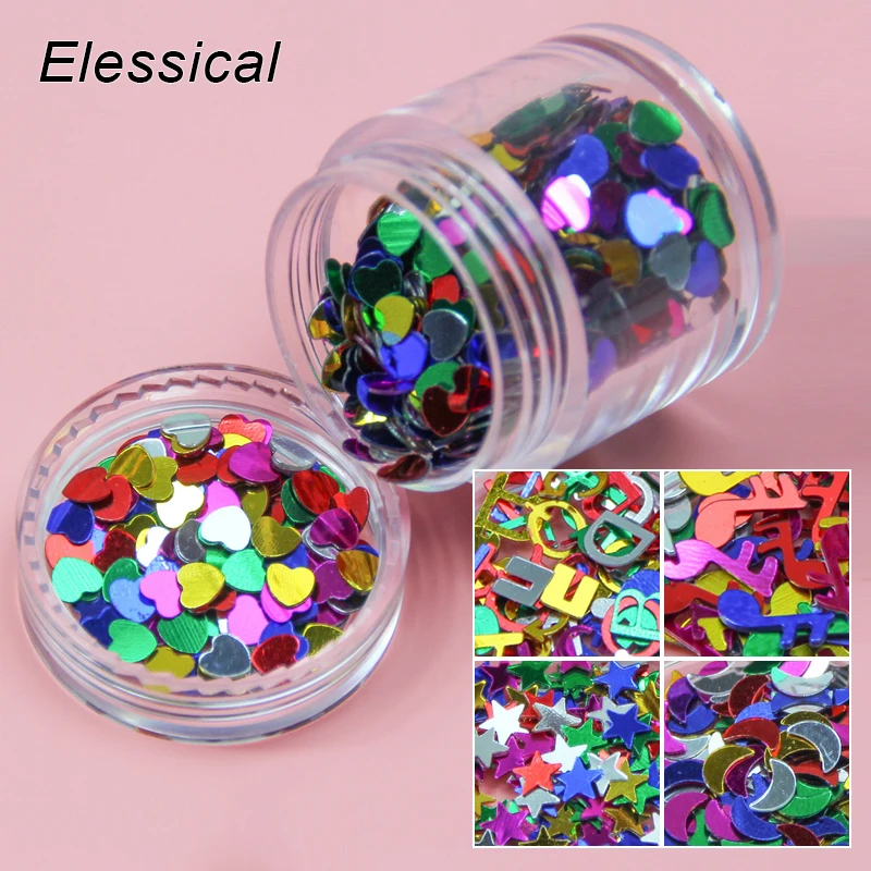 

ELESSICAL Colorhul Letter Musical Note Peach Star Moon Design Glitter Laser Nail Art Decorations Manicure Sequins WY1205-WY1209