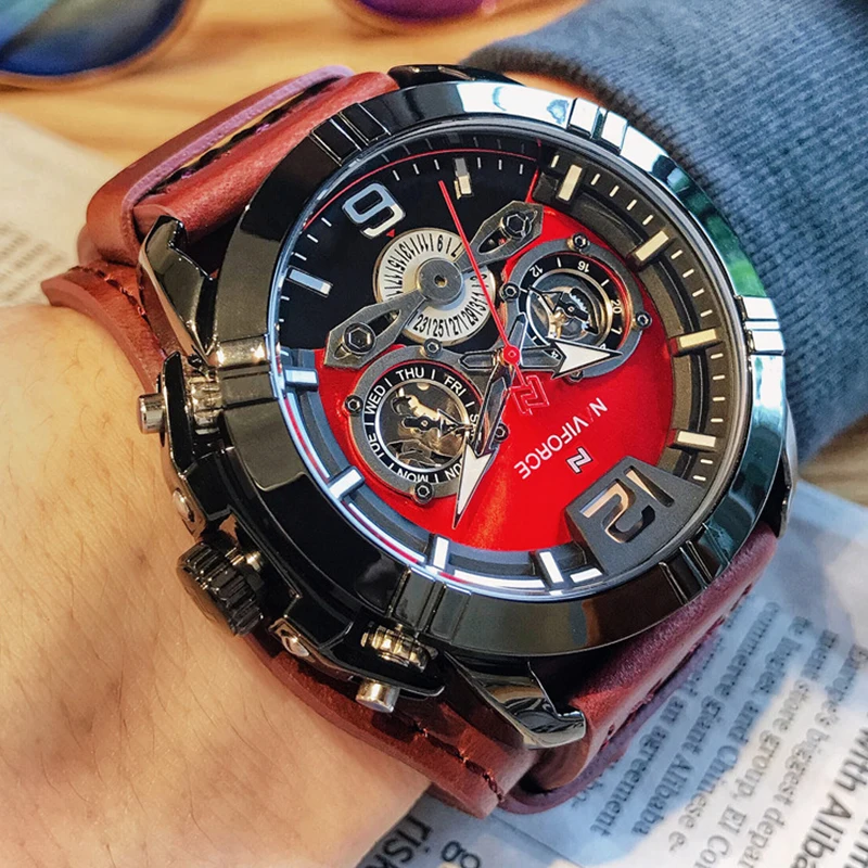 Tanie NAVIFORCE męskie zegarki moda Sport skórzane zegarki kwarcowe mężczyźni luksusowa tarcza marka wodoodporny mężczyzna zegar Relogio Masculino 2019