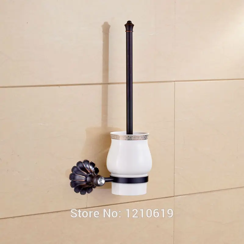 

Newly Oil Rubbed Bronze Bathroom Toilet Brush Holder Ceramics Cup Crystal Toilet Brush Rack Shelf Wall Mount