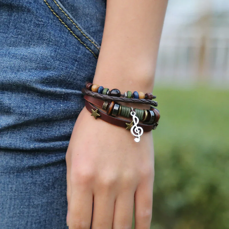 

DIY Beaded Bracelets For Men Women 4 Layers Musical Handmade Braided Leather Rope Charm Bracelet Fashion Jewelry Adjustable Size