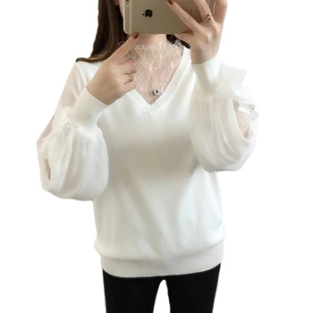 

2018 New Autumn Ladies Knitted Long Sleeve Sweater Women Solid Slim V-Neck Sweater Sexy Lace Hollow Out Pullover Mesh Tops D201