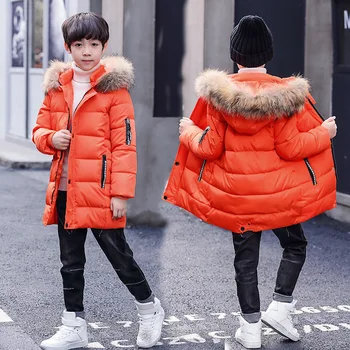 

4- 14 Yrs Teenage Boys Winter Thick Warm Long Coats Kids Casual Big Fur Hood Outfit Autumn Boys Clothes Cotton-Wadded Outwear