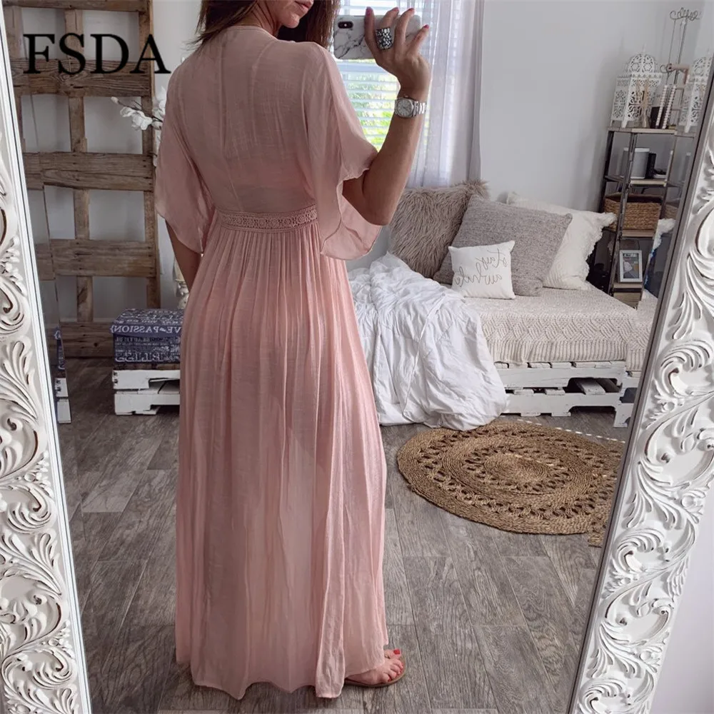 FSDA Beach Boho Maxi Cardigan Dress Lace V Neck Cotton Summer Loose Short Sleeve Casual Elegant Dress Women