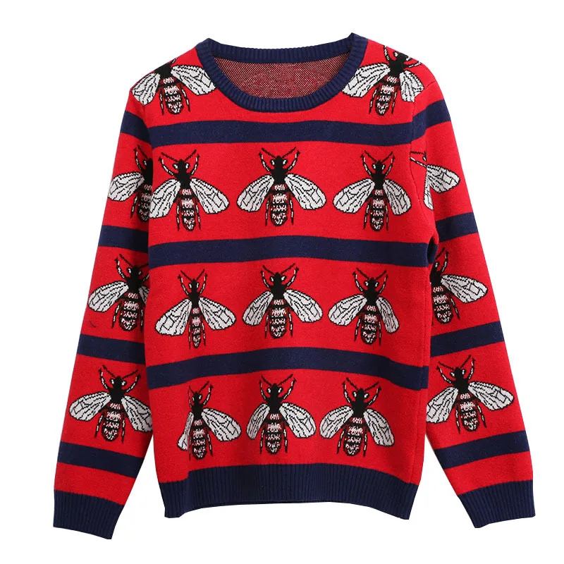 

2018 New Spring Bees Pattern Designer Sweater for Women Long Sleeve Striped Patchwork Vintage Pullover Sweaters Jumper Top