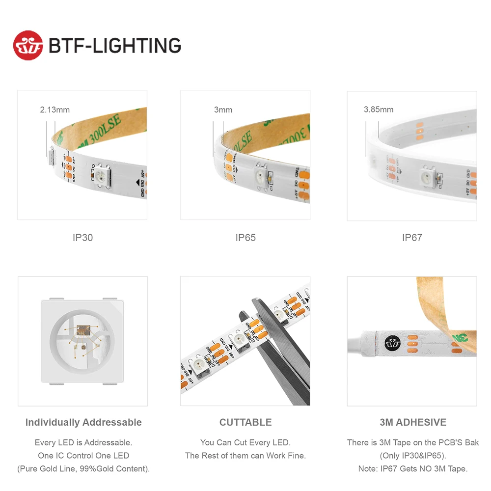 BTF-LIGHTING WS2812B LED Light Strip | 1m/2m/4m/5m Length | 30/60/74/96/100/144 pixels/led/m | Smart RGB | Black/White PCB | IP30/65/67 | DC5V image 5