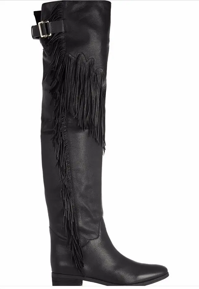 

Hot Fashion Sweet Yellow/Black PU Over-The-Knee Shoes Round Toe Flat With Women's Shoes Fringe Big Size Europe 46 Women's Boots