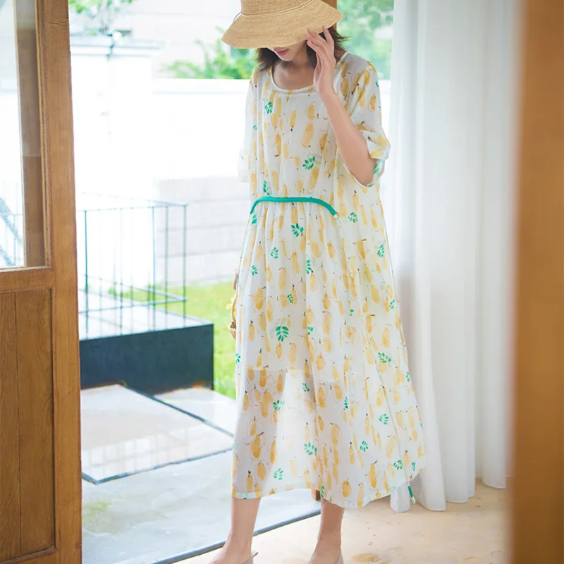 

SCUWLINEN 2019 Women Summer Dress Vintage Sweet Print Drawstring Half-sleeve Loose Thin Long Elegant Ramie Dress Vestidos S951