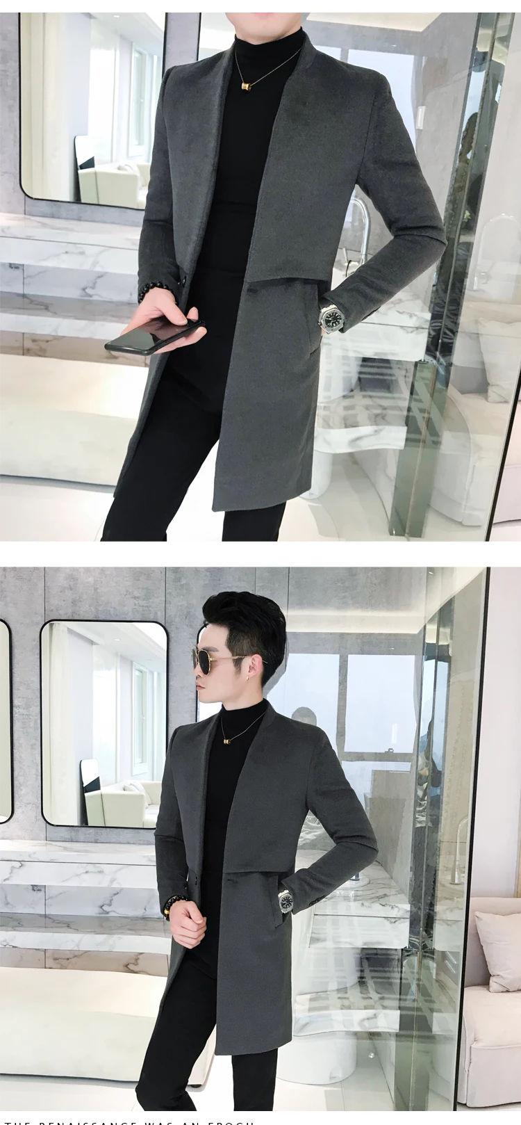 Зимнее деловое повседневное приталенное шерстяное пальто с воротником-стойкой, мужское свободное кашемировое длинное пальто, черный серый мужской ветровка