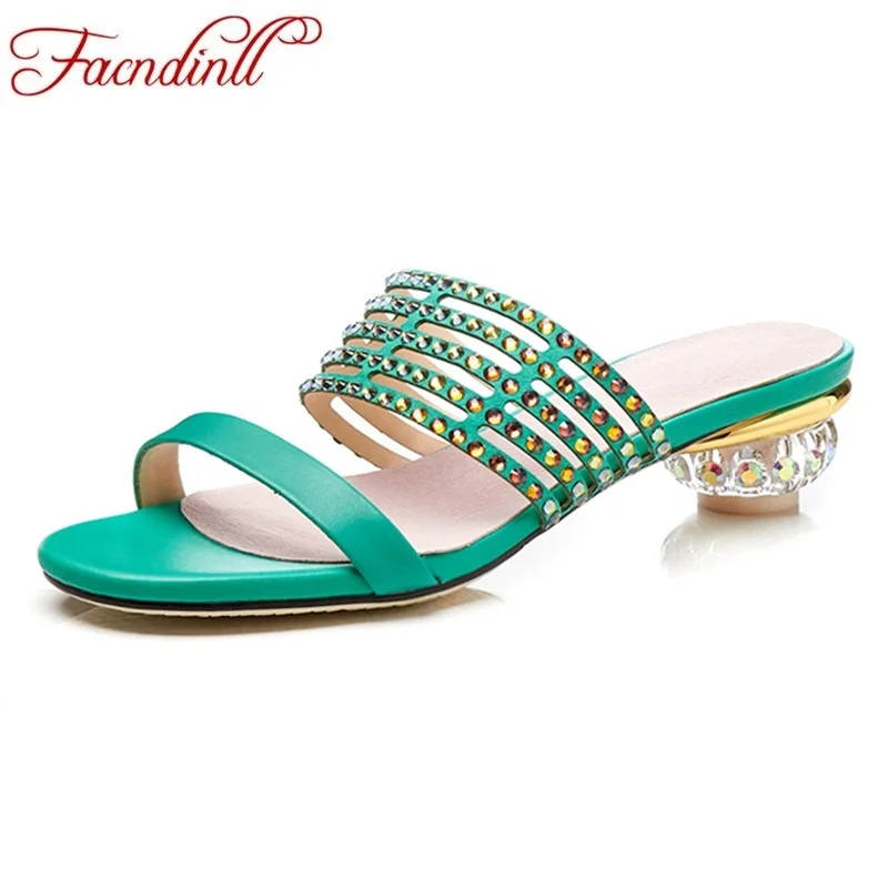 

FACNDINLL hot search cowhide women shoes superior quality crystal heel colorful rhinestone buckle heels ladies shoes big size 42