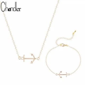Chandler Silver Plated Anchor Arrow Pendant Necklaces & Bracelet Women Alloy Metal Heart Love Jewelry Set Wedding Party Gifts