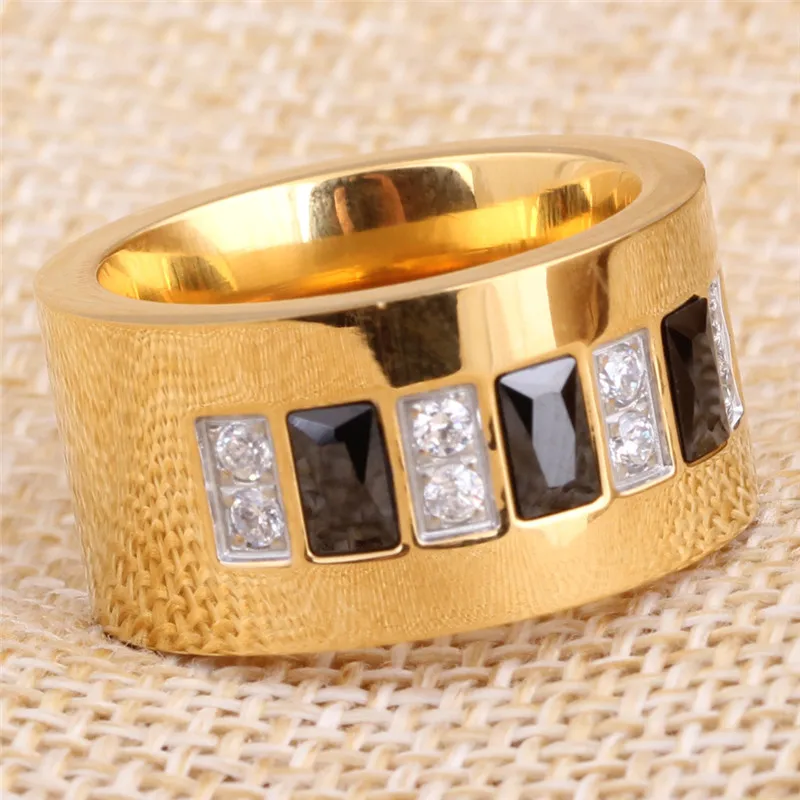 Modyle New Fashion Gold Color Stainless Steel White/Black CZ Zircon Wedding Ring for Women