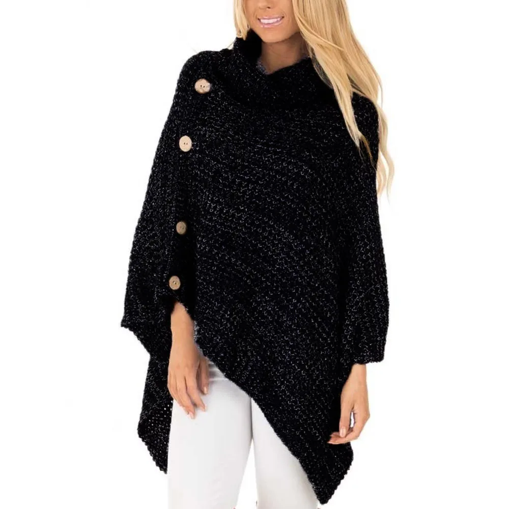 Зимнее женское Вязаное пончо с воротником-стойкой и пуговицами, пуловер с асимметричным подолом, свитера, акриловые волокна, женские свитера