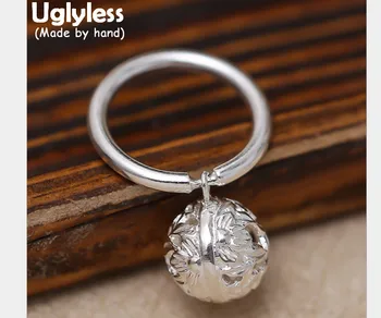 

Uglyless Genuine S 990 Fine Silver Women Dress Jewelry Lovely Ball Charms Finger Ring Flower Hollow Bell Rings Handmade Bijoux
