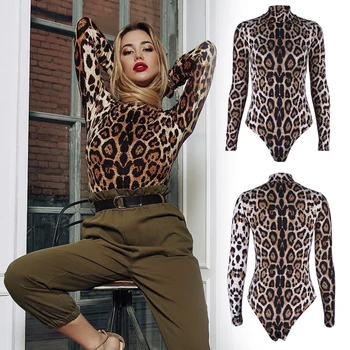 

Leopard Bodysuit for Women Sexy Bodycon Skinny Body Suit Turtleneck Long Sleeve Playsuit Printed Romper One piece Jumpsuits