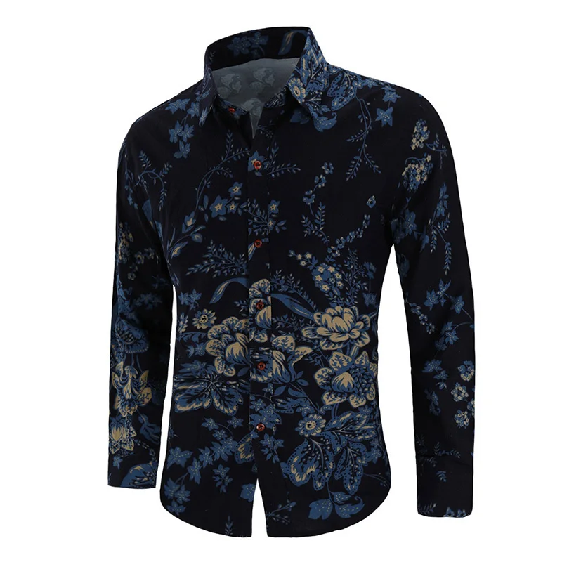 2018 الخريف جديد الرجال الأزهار الكتان قميص الصينية خمر زهرة المطبوعة طويلة الأكمام قميص الذكور يتأهل طباعة القطن الكتان قميص