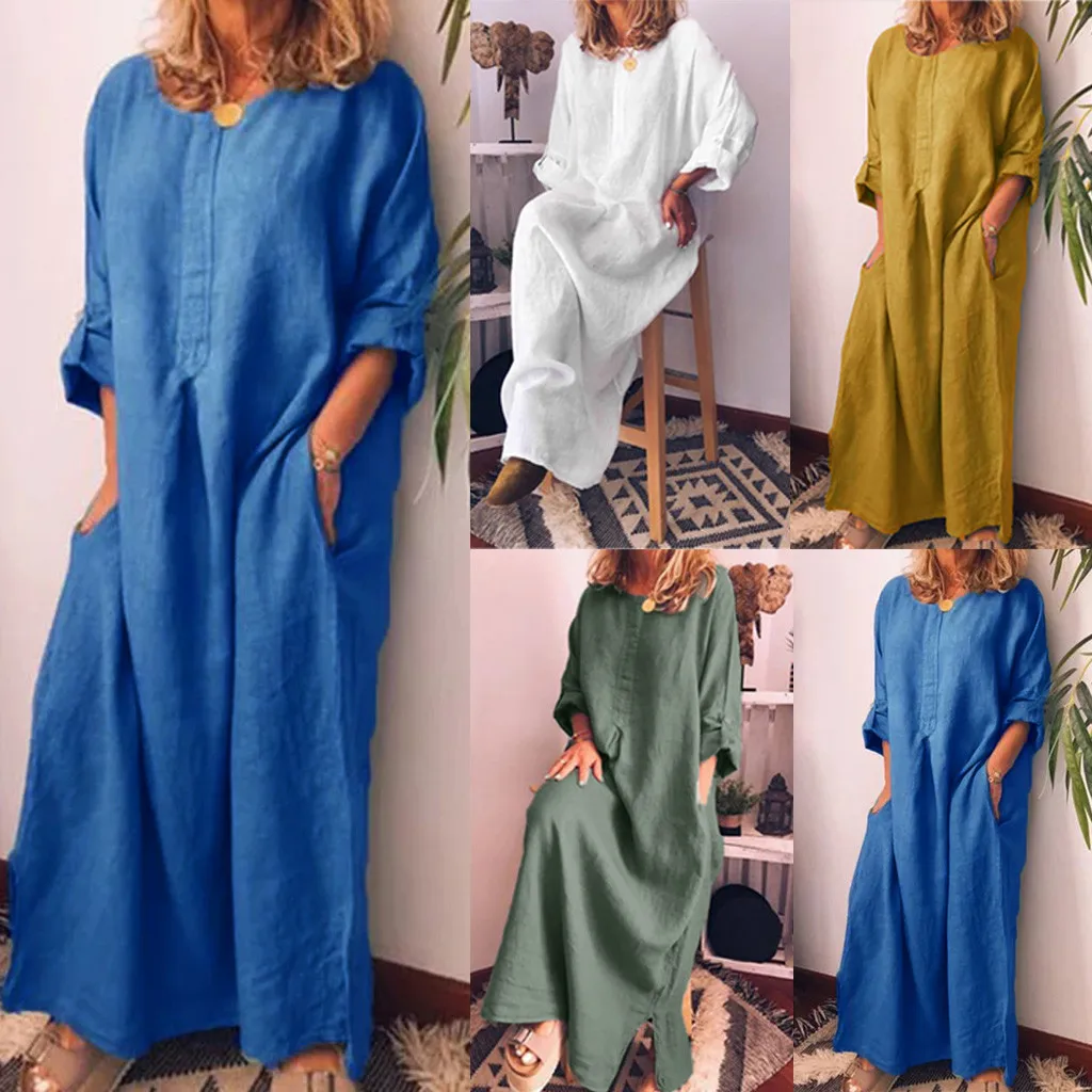 

Autumn New Fashion Women Casual Long Sleeve Solid O-Neck Summer Maxi Dress With Pockets Lady Dress платье Wholesale Free Ship Z4