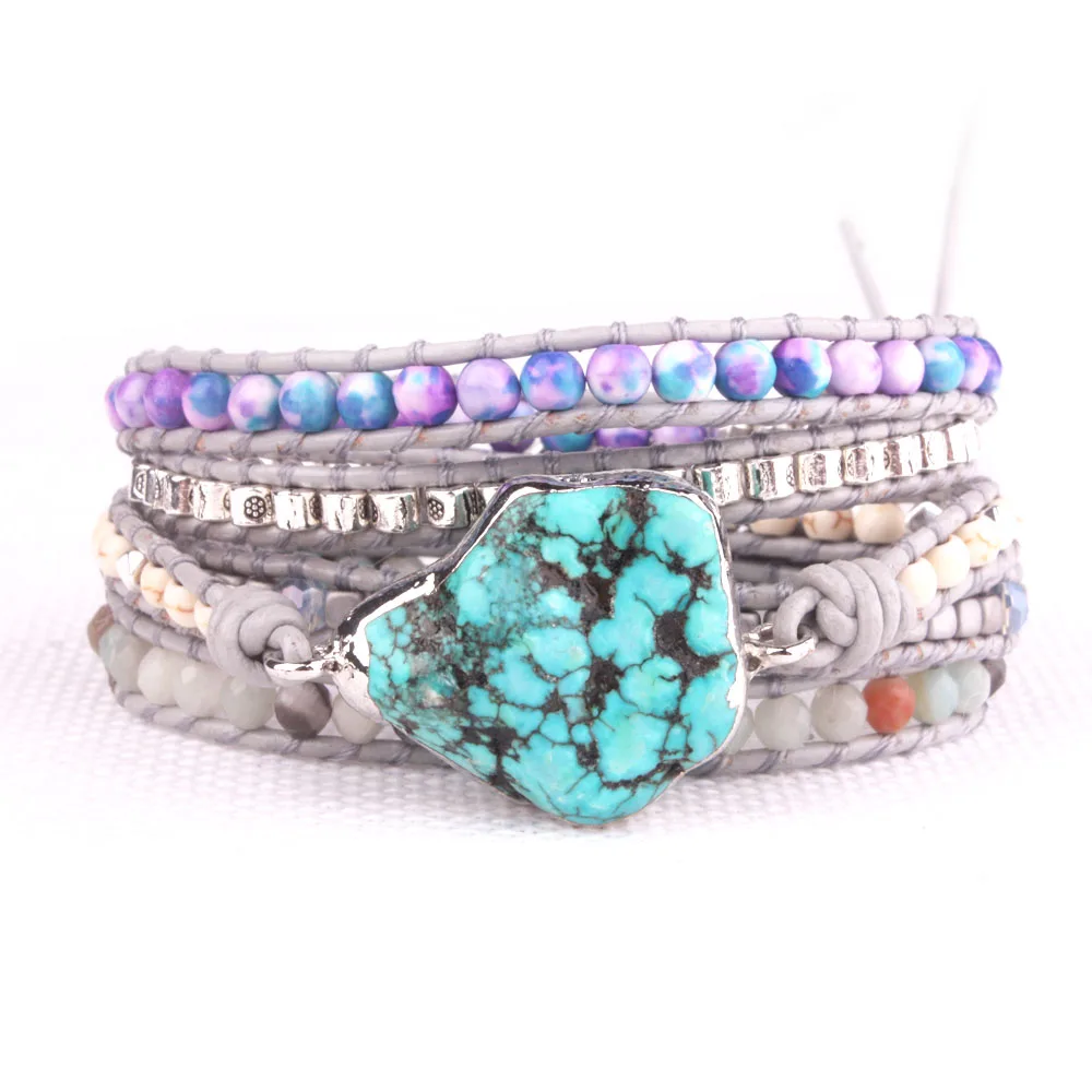 

New Unique Mixed Natural Stones turquoises Charm 5 Strands Wrap Bracelets Handmade Boho Bracelet Women Leather Bracelet