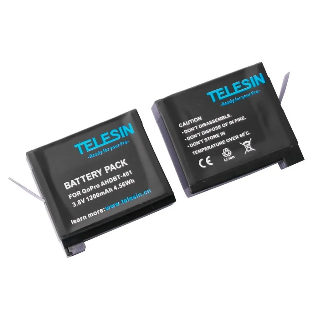 

TELESIN 2Pieces 1200mah Rechargeable Battery Replacement Backup Battery Pack for GoPro Hero 4 Black Silver Ahdbt-401 Accessories