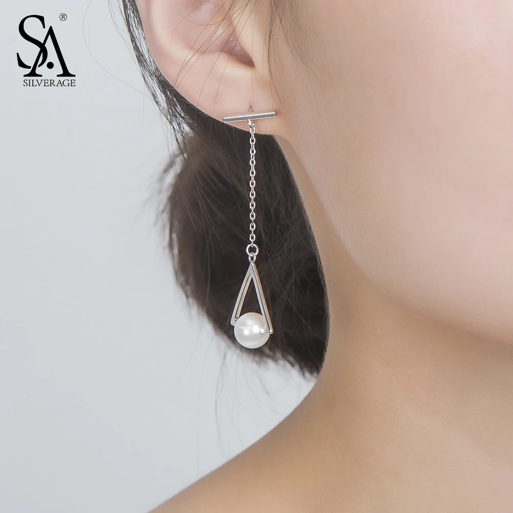 SA SILVERAGE 925 Sterling Silver Earrings Women Shell Pearls Triangle 