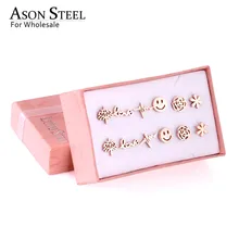ASONSTEEL Small Earrings Trendy Jewelry Rose Gold Color Flower Tree Smile Letter 6pairs/Box Stainless Steel Earrings Sets Party