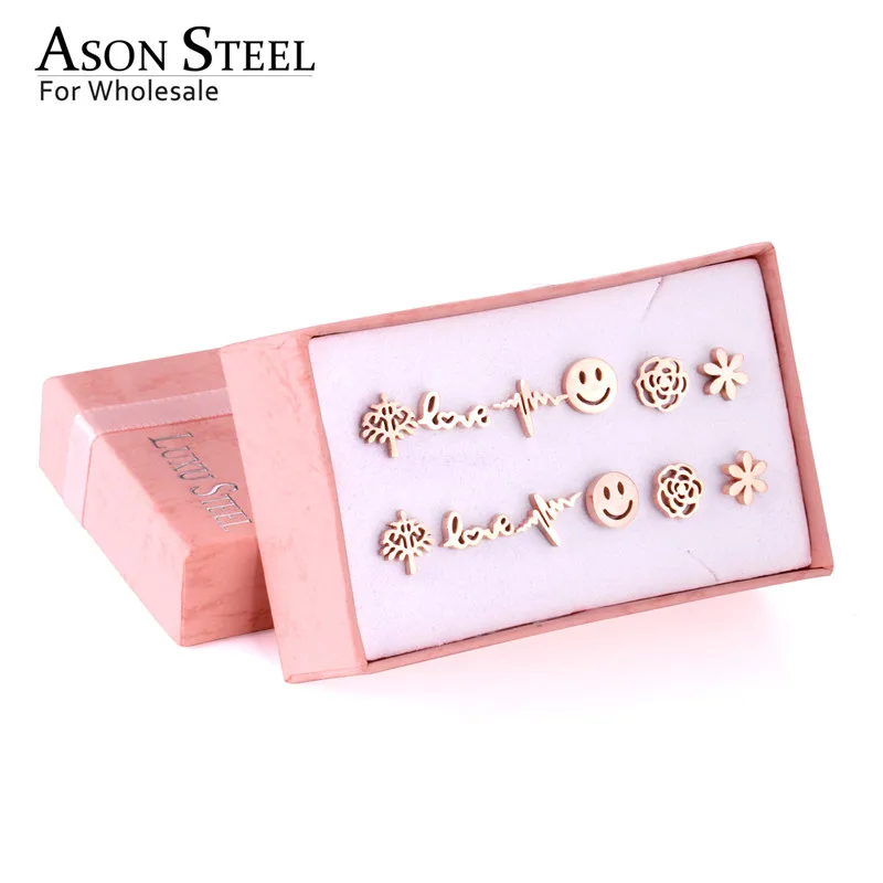 

ASONSTEEL Small Earrings Trendy Jewelry Rose Gold Color Flower Tree Smile Letter 6pairs/Box Stainless Steel Earrings Sets Party