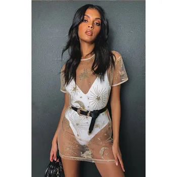 

2019 New Women Gold sequins Mini Dress Transparent Mesh See Through Dress