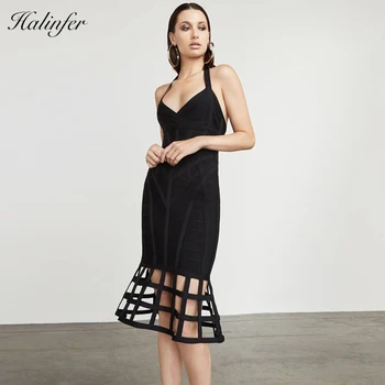 

Halinfer 2018 New Winter Sexy women dress Hollow Up Halter Backless Rayon bandage Elgant Homecoming Sexy party dress.