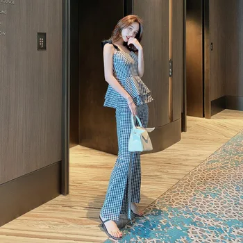 

Plaid Spaghetti Strap Short Tops and Bell-bottom Pants 2 Piece Set Summer 2019 Women Suit Sexy Party Crop Top and Pants Sets